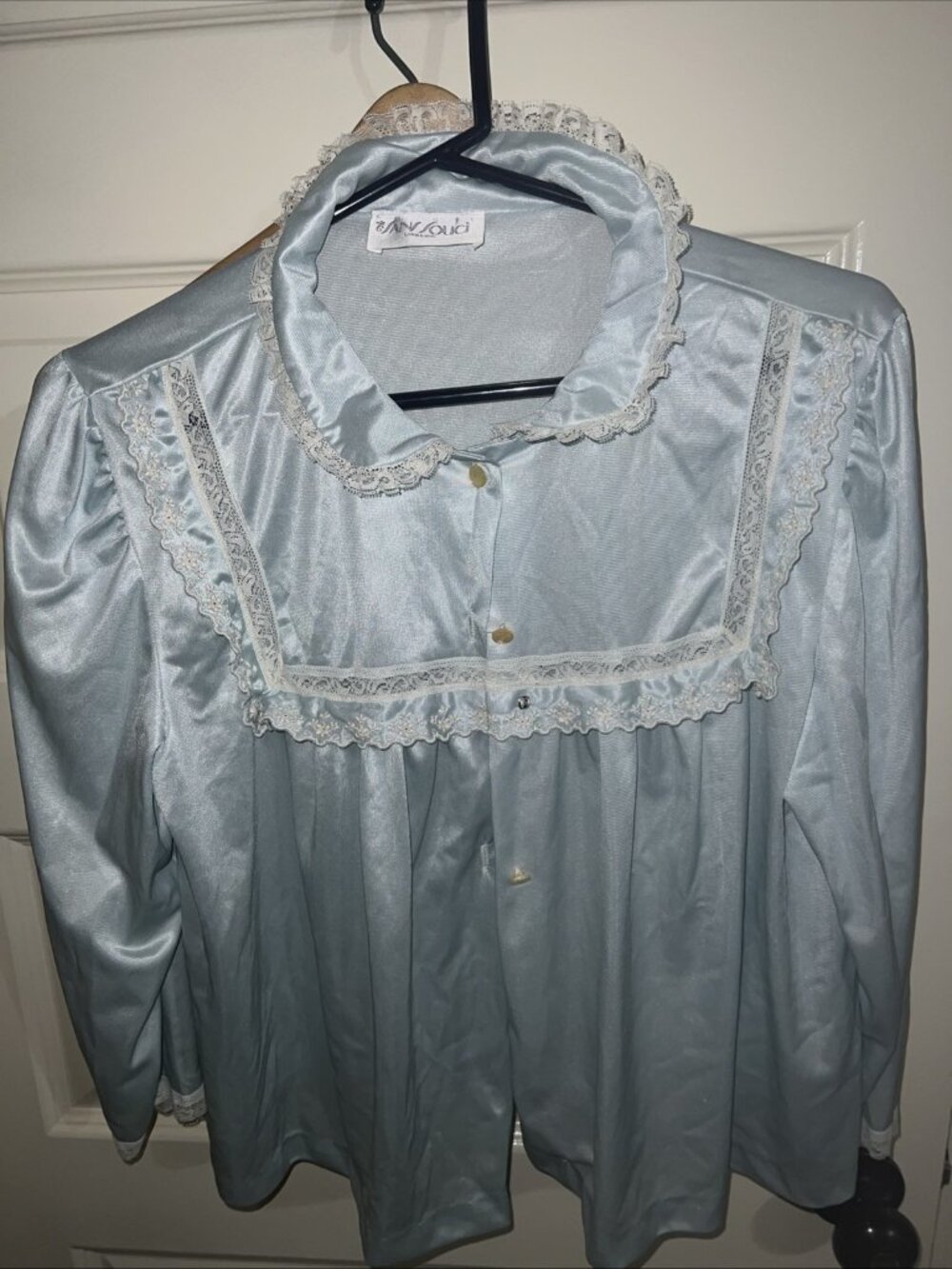 Sans Souci Blue Lace Trim 1960's Vintage Bed Jacket Lingerie Coquette Romantic